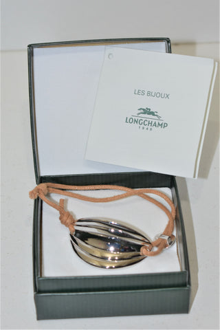 Longchamp, Bracelet en argent et fil de coton beige " feuille "