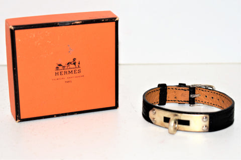 Bracelet KELLY en argent et cuir noir, Hermès