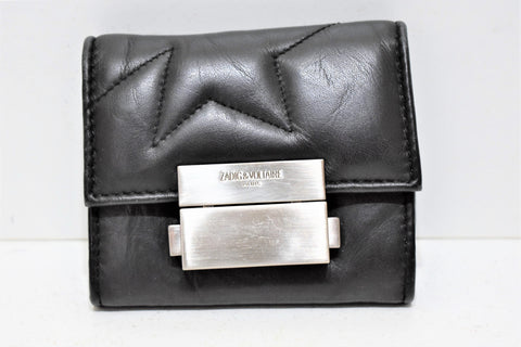 Zadig et Voltaire, Porte-cartes / monnaie compact en cuir noir, ligne " Quilted "